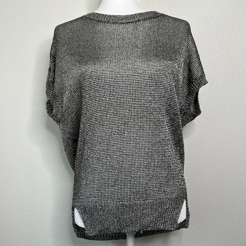 Vince Metallic Silver Knit Short Sleeve Top